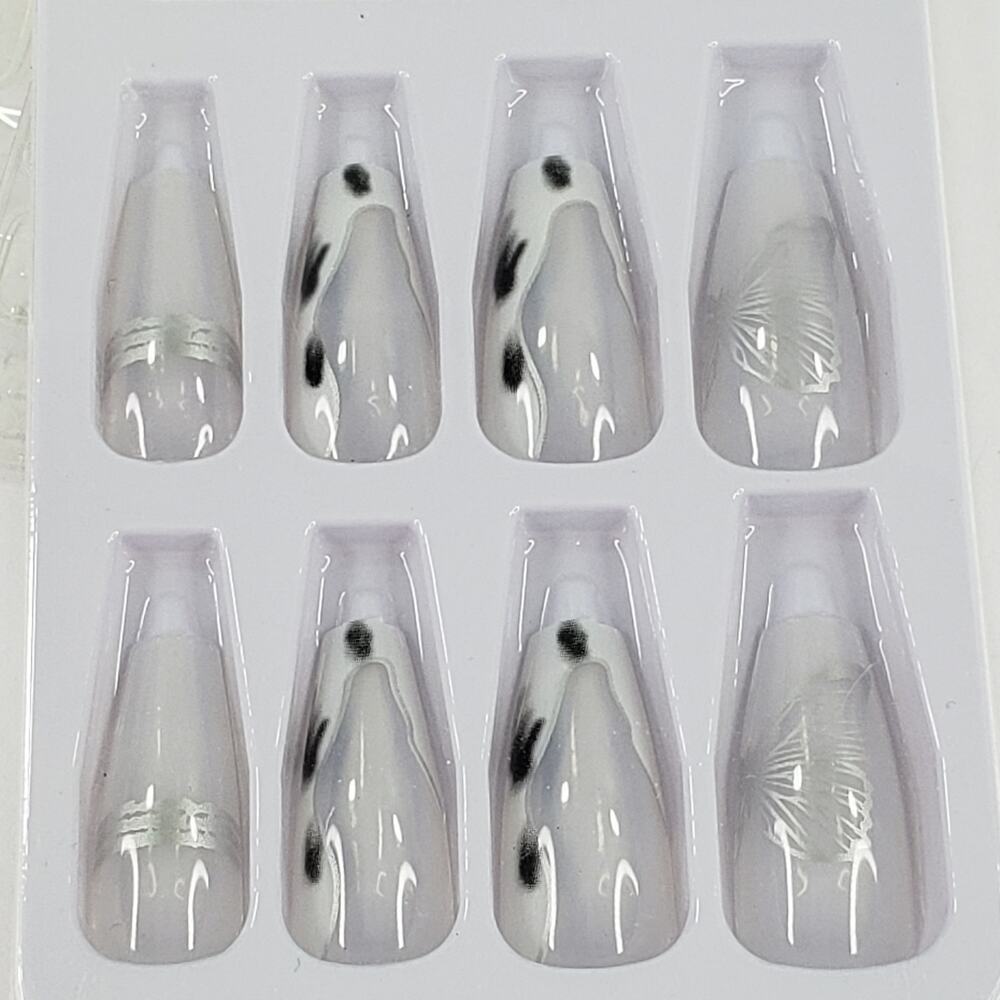 24pc Press On Nails Set Medium Coffin Style White Clear Clear Silver Butterfly
